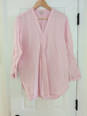 L.L. Bean Women's Pink 100% Linen Three Quarter Sleeve V Neck Shirt Tunic Size L